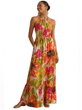 Anthropologie Silk Floral Halter Maxi Dress Vibrant Resort Size 6